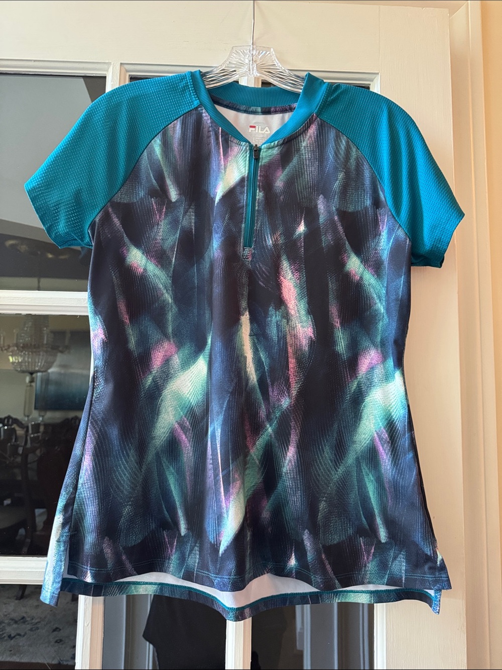 FILA Short Sleeve Active Top in Teal & Multi Abstract